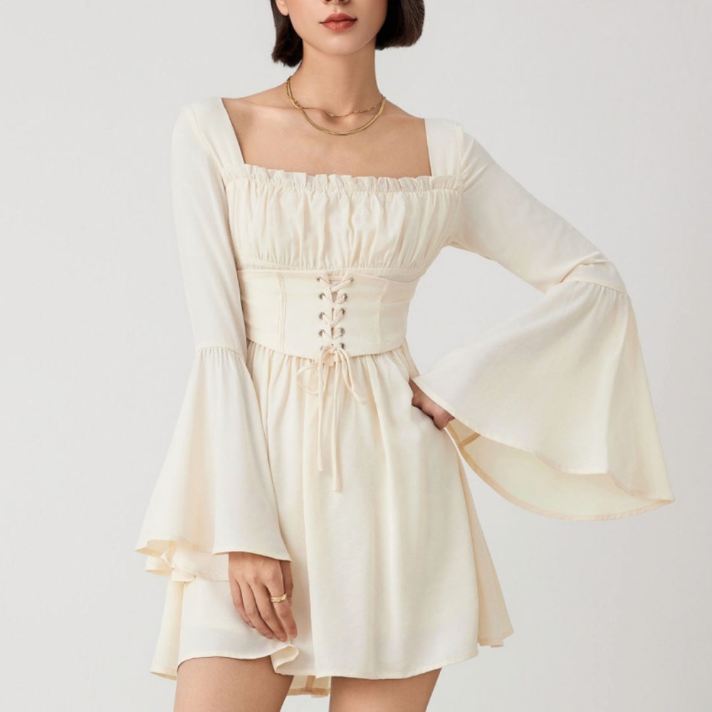 Cider Solid Ruffle Lace-Up Mini Dress - Ivory